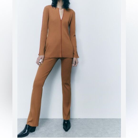Zara High-waisted Caramel/Brown Ribbed
Pants Set (Top Medium,Bottom Small) - Picture 1 of 10